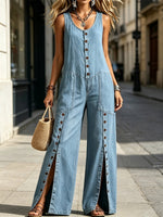 Women's Casual Loose Stylish Button Sleeveless Slit Pockets Jumpsuit