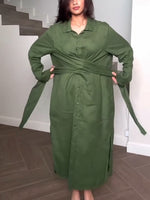 Casual Linen And Cotton Long-sleeve Tie Dress