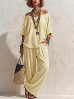 Casual, Loose-fitting Linen Set With Three-quarter Sleeve Top And Wide-leg Trousers