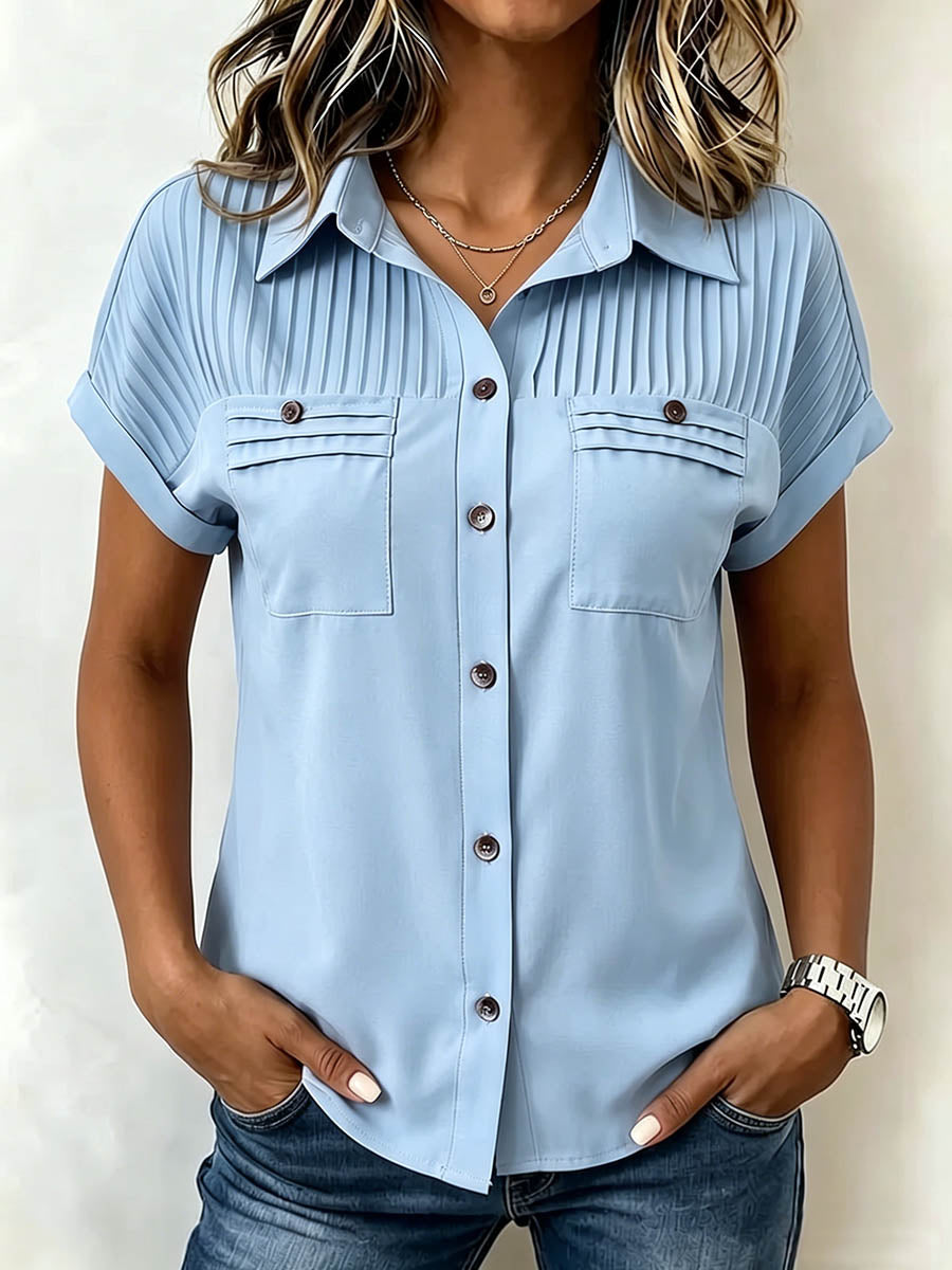 Women's Solid-color Short-sleeve Cotton-linen Shirt With Lapel, Pleated Detail, And Loose Casual Fit