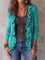 Boho-Chic Turquoise Ruffled Open-Front Knit Cardigan