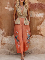 Bohemian Floral Print Linen-cotton Sleeveless Jumpsuit