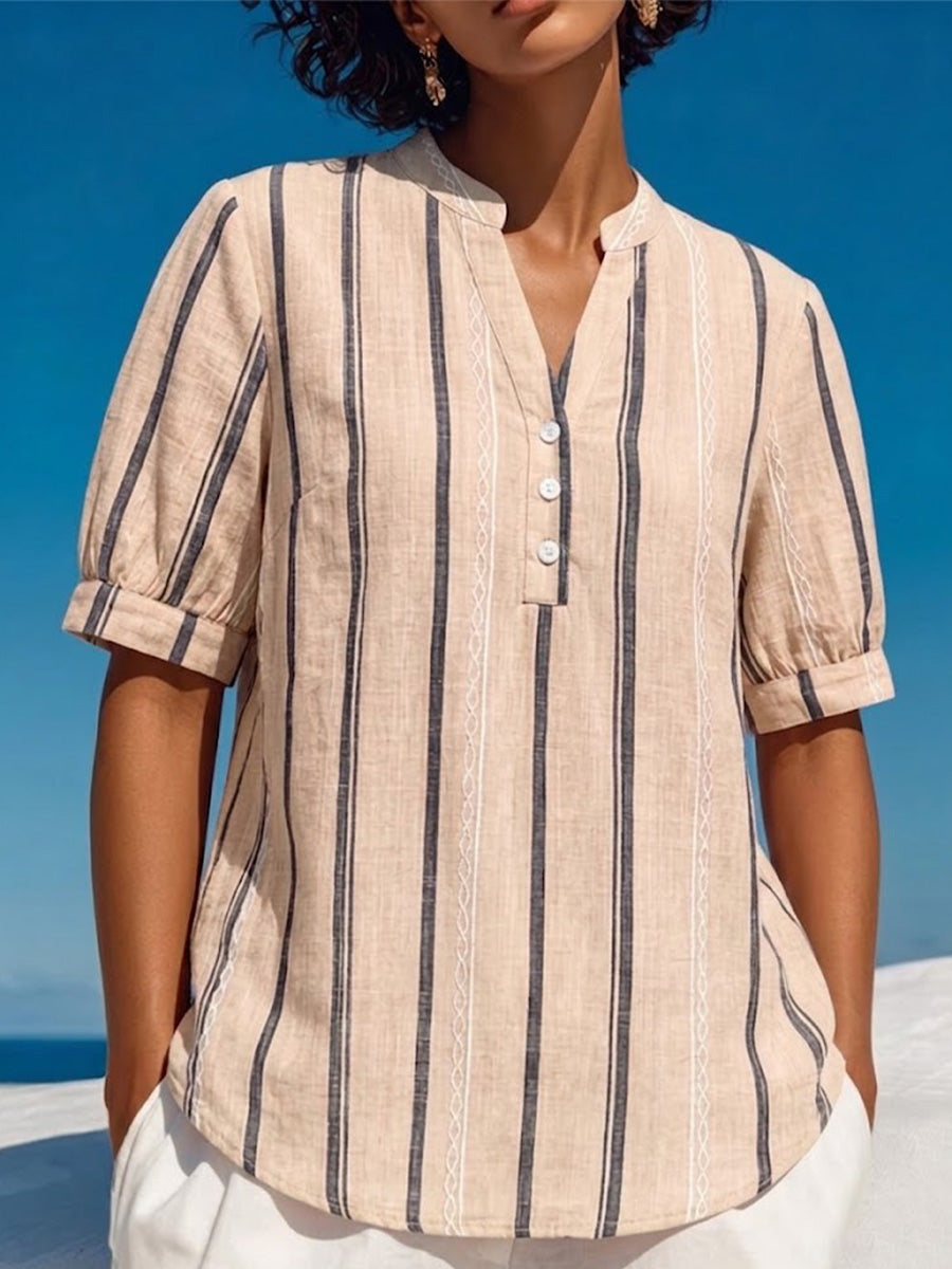 Vertical-striped, Mandarin-collar, Short-sleeve Slub Linen Top With A Small V-neck And Partial Button Placket