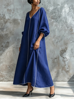 Minimalist Elegant Cotton-linen Lantern-sleeve Dress With Piping Detail