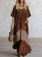 Vintage Bohemian Contrast Animal Print Triple Spliced Flowy Crinkled Maxi Dress