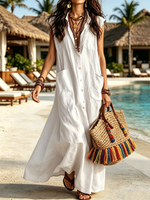 Collared, Sleeveless, Full-button, Loose-fit Long Shirt Dress