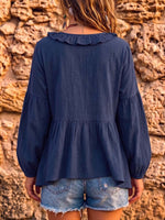 Women's Solid Color V-neck Long-sleeve Casual Loose Cotton-linen Top