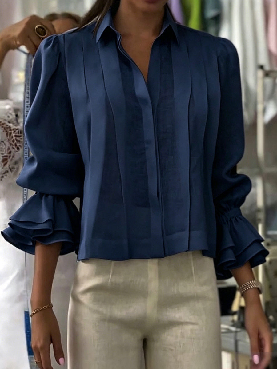 Women's Solid Color Long-sleeve Cotton-linen Blouse With Shirt Collar And Pleated Detail (loose Fit)