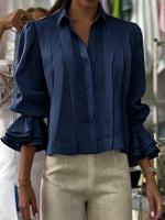 Women's Solid Color Long-sleeve Cotton-linen Blouse With Shirt Collar And Pleated Detail (loose Fit)