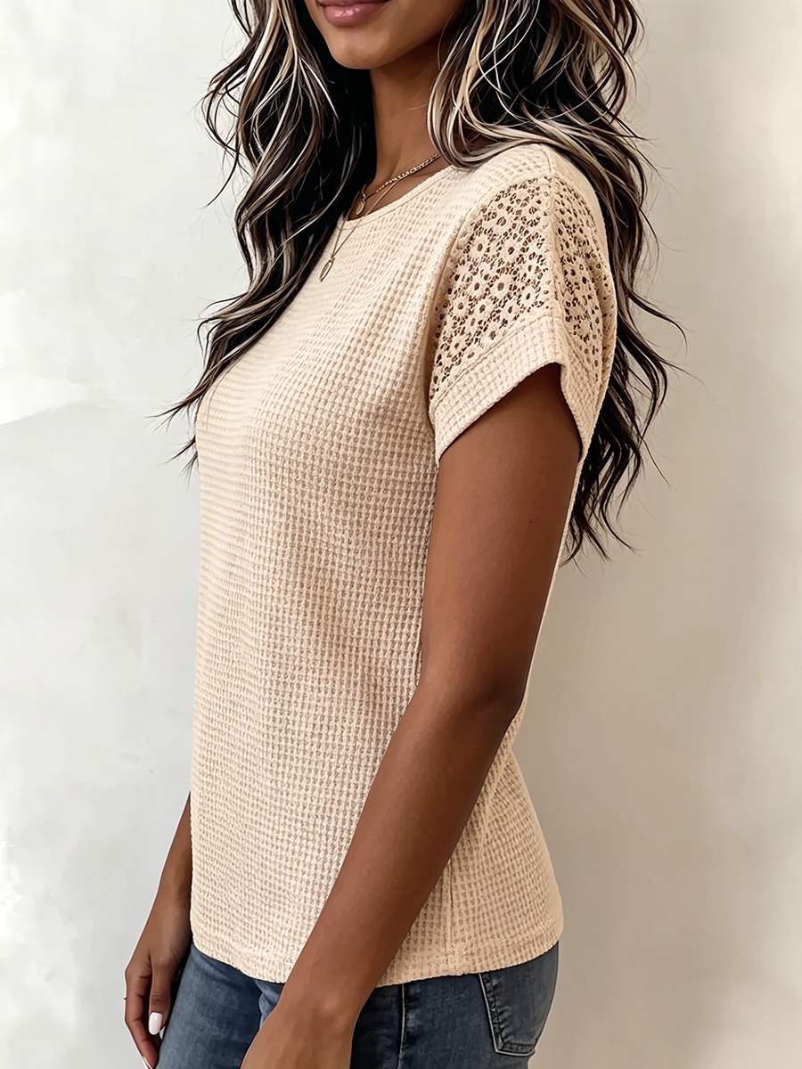 Cozy Waffle Knit Lace Patchwork Top