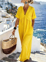 Women's Solid Color V-neck Short-sleeve Casual Loose A-line Cotton-linen Dress