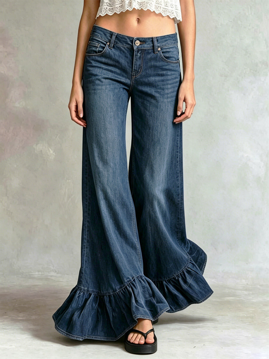 Women's Retro Casual Ruffle Stylish Art Denim Jeans