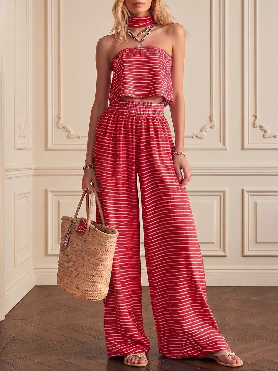 Effortless Striped Crop Top & Wide-leg Trouser Set（includes Neck Gaiter）