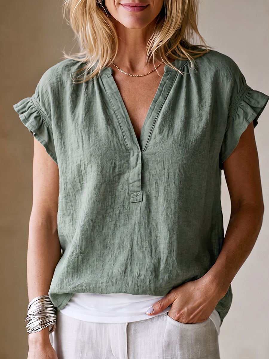 Relaxed Ruffle-sleeve Cotton-linen Shirt