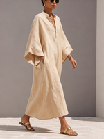 Minimalist Beige Cotton-linen Zip-front Caftan Maxi Dress