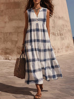 Casual Artsy Textured Linen Blue White Large Placket Button Sleeveless Swing Tiered Vacation Dress