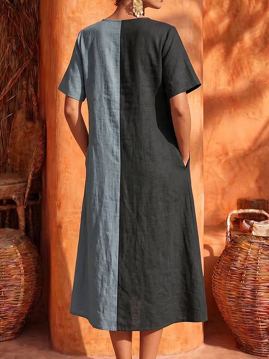 Bold Leopard-Panel Color-Blocked Linen Midi Dress