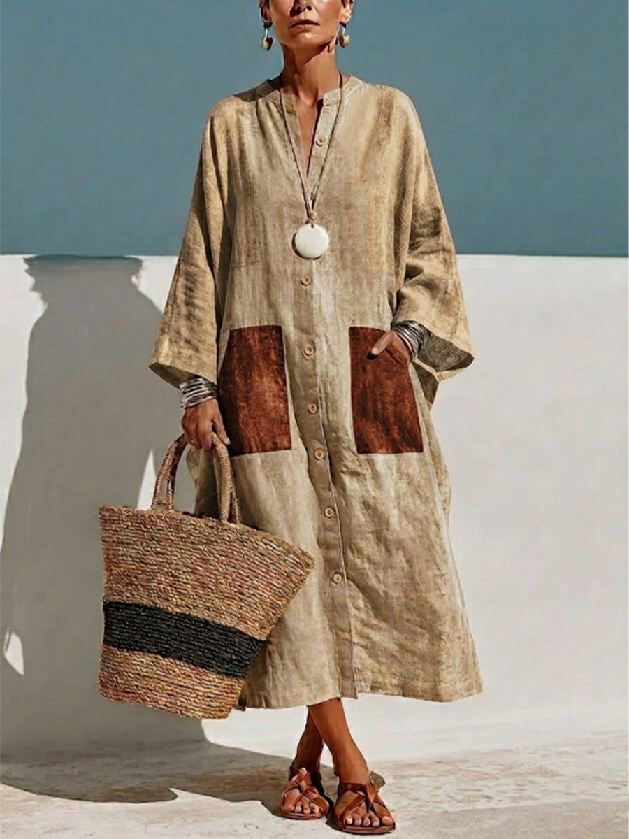 Loose, Mid-length Dress Featuring A Stand Collar, Partial Button Placket, Three-quarter Sleeves, And Contrasting Patch Pockets
