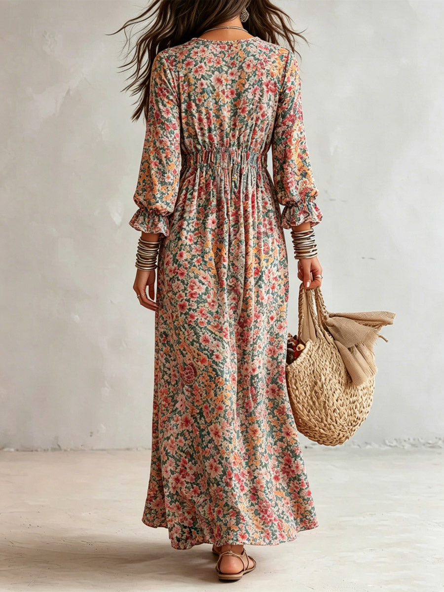 Women's Retro Floral Art Print Casual Long Sleeve Maxi Dress