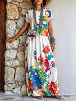 Women's Cotton-linen Set: Abstract Placement-print Crew-neck Short-sleeve Loose Casual Top & High-waisted A-line Skirt