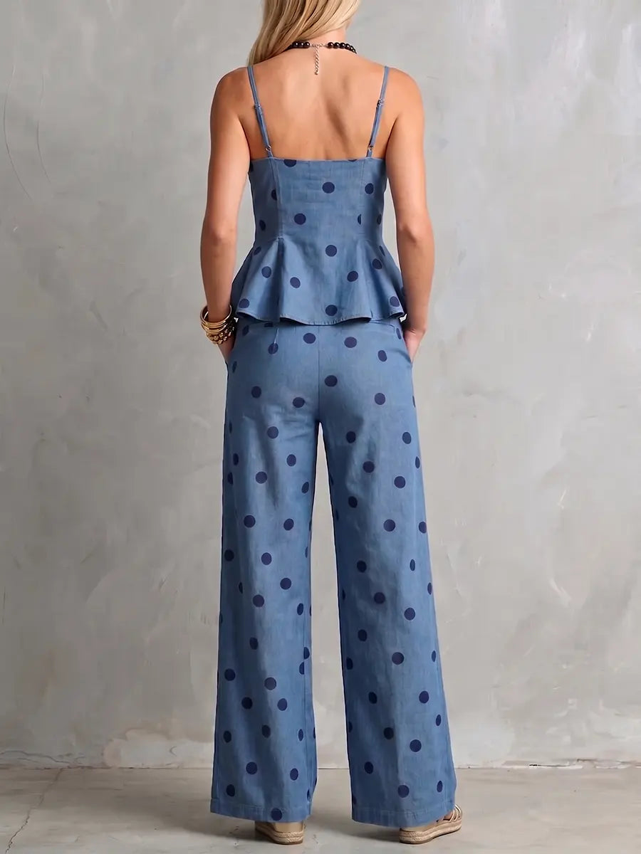 Elegant Denim-Style Polka Dot Peplum & Wide-Leg Pant Set