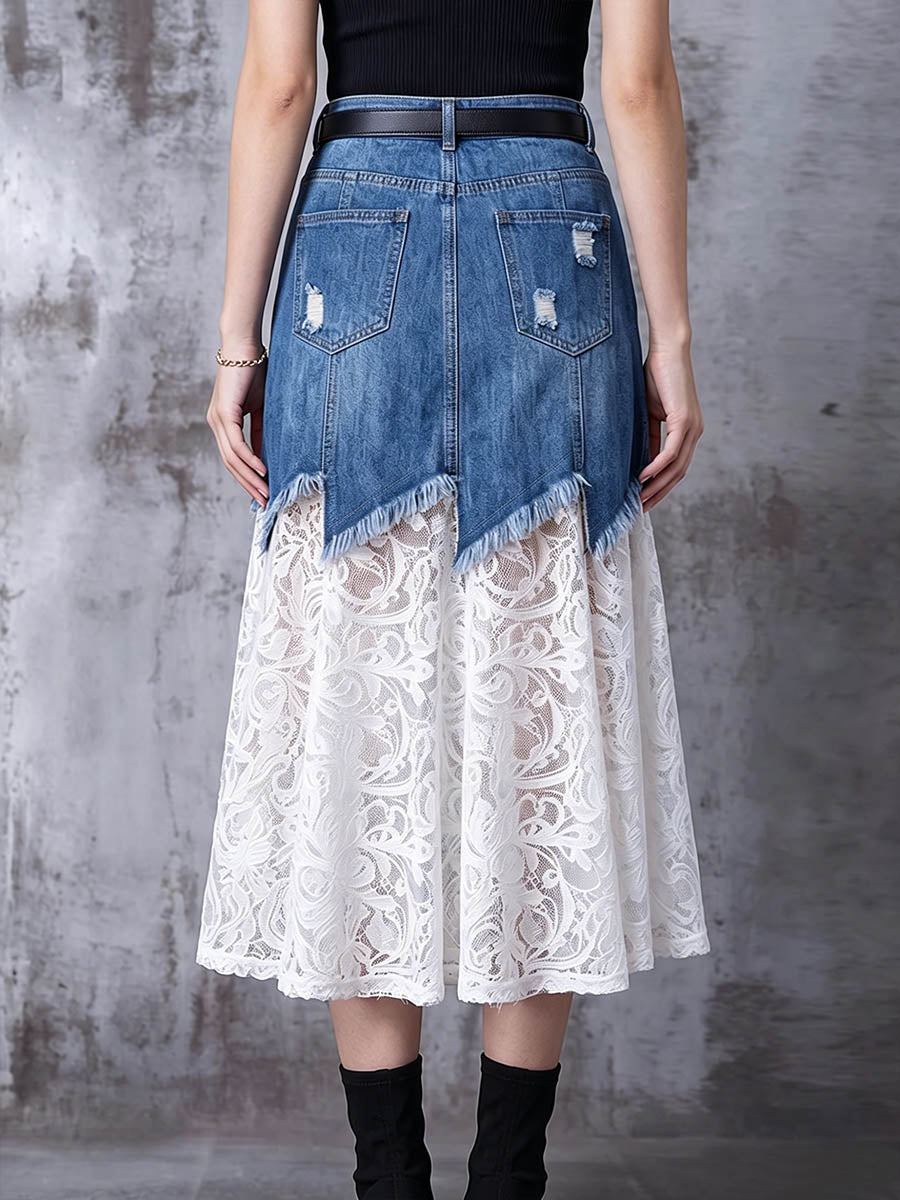 Women's High-waisted Denim And Lace A-line Skirt