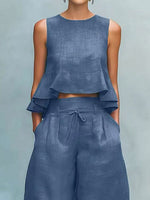 Women's Casual Stylish Ruffled Loose Sleeveless Top And Pants Linen Two-piece Set