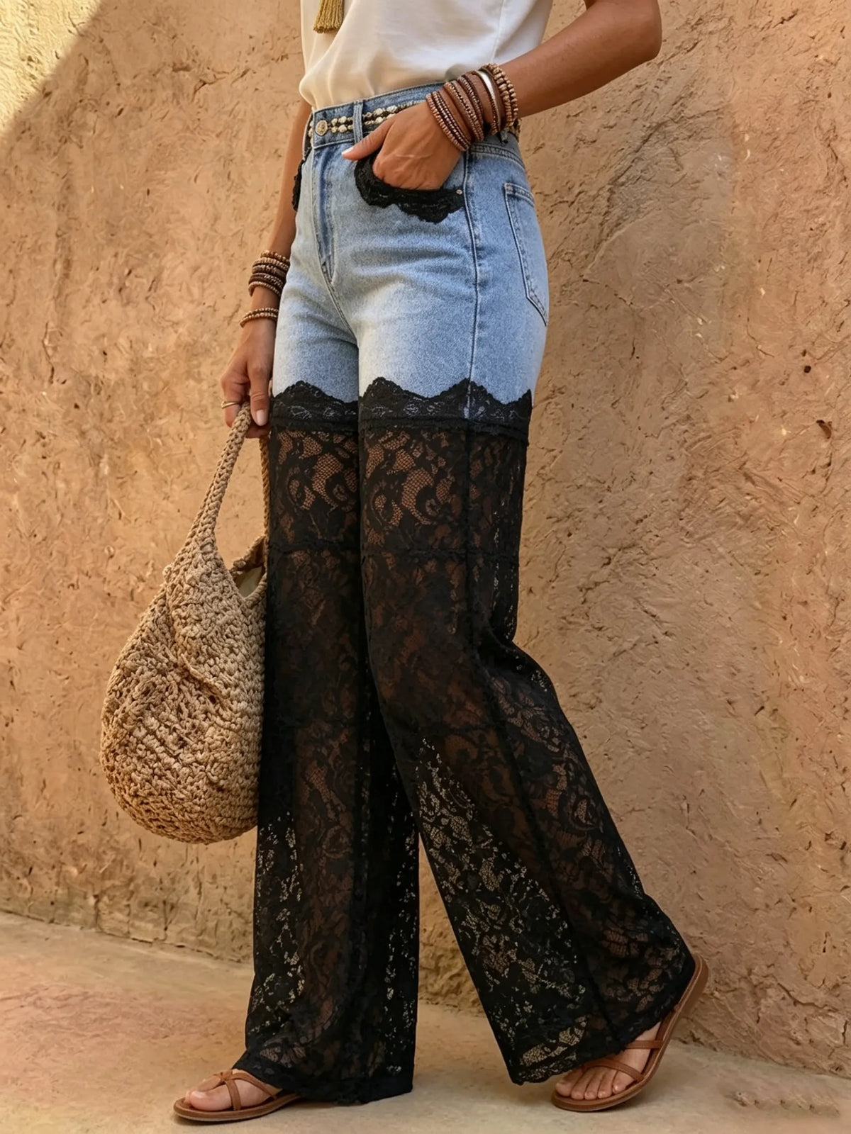 Women's Lace Patchwork Straight Jeans