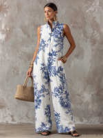 Romantic Elegant Floral-print Cotton-linen Jumpsuit