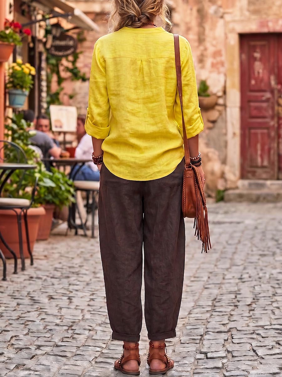 Women's Casual Loose Cotton-linen Set: V-neck Long-sleeve Top And High-waisted Wide-leg Pants