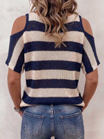 Women's Striped Print V-neck Off-shoulder Short-sleeve Casual Loose Knit Top