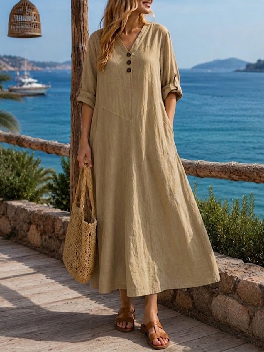 Relaxed-fit Casual V-neck Linen And Cotton Dress