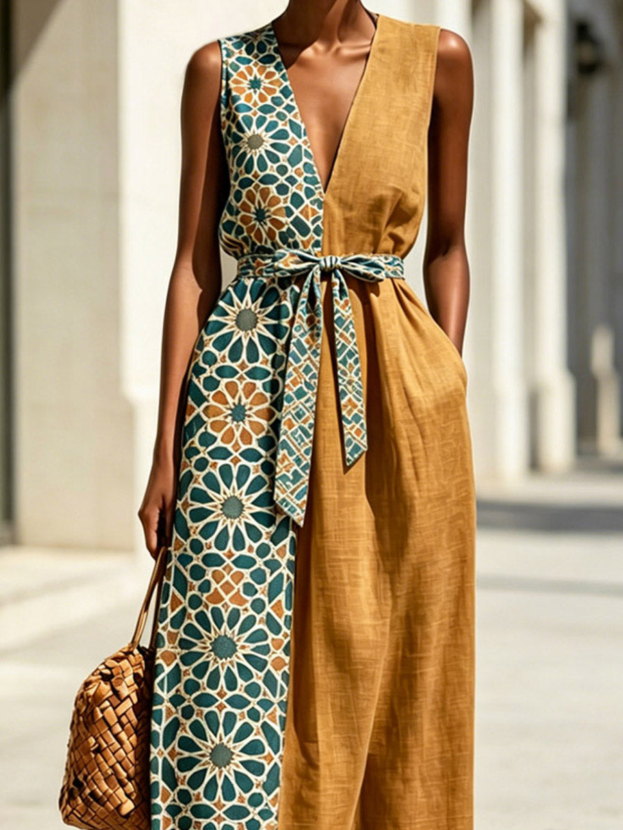 Women's Retro Floral Stylish Art Print Casual Sleeveless Cotton Linen Long Dress