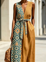 Women's Retro Floral Stylish Art Print Casual Sleeveless Cotton Linen Long Dress