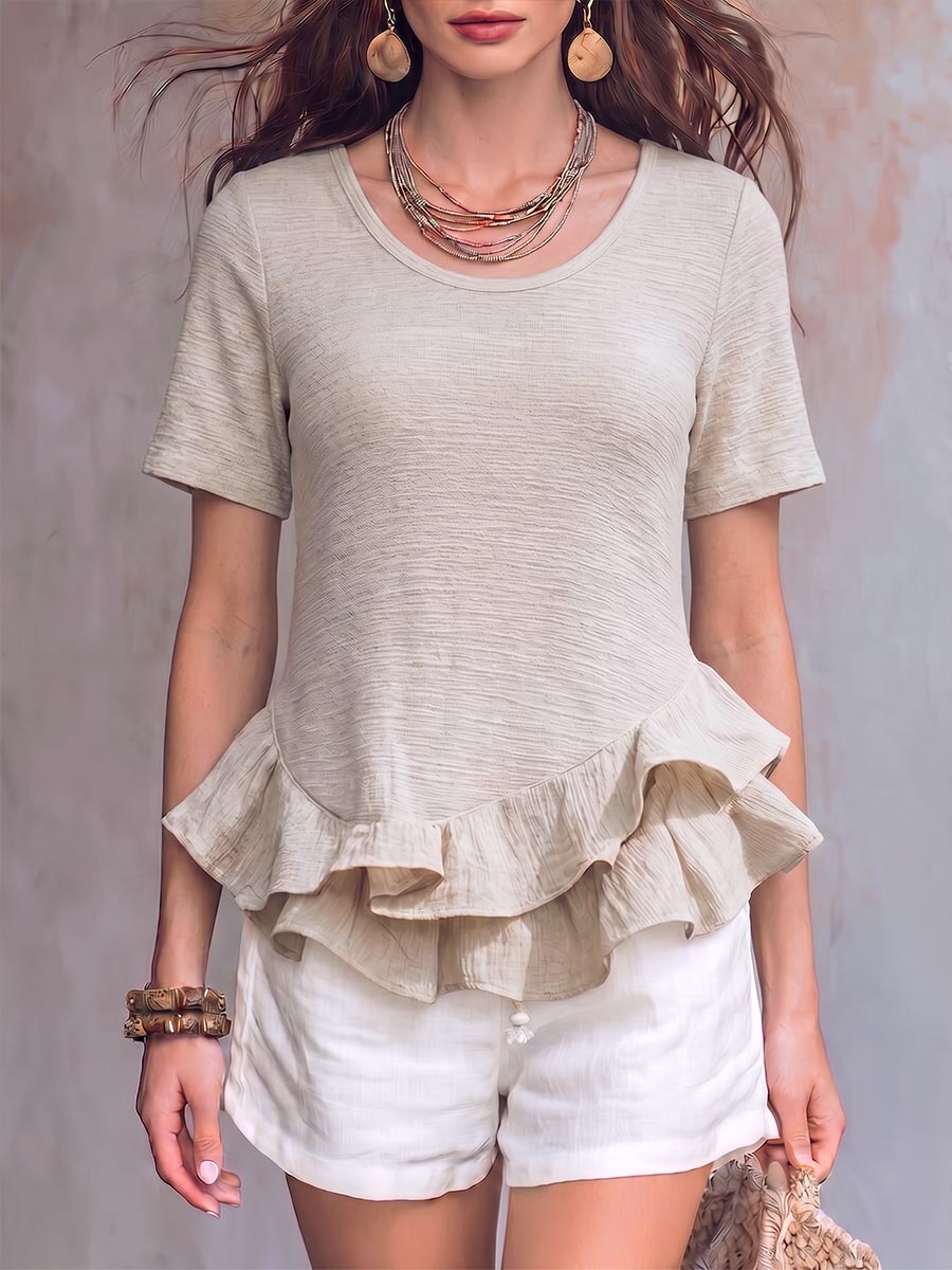 Women's Solid-color Crew Neck Short-sleeve Casual Loose Cotton-linen Top