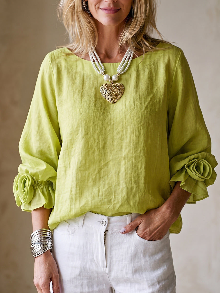 Effortless Elegance – Cotton-linen Shirt With Floral Cuffs