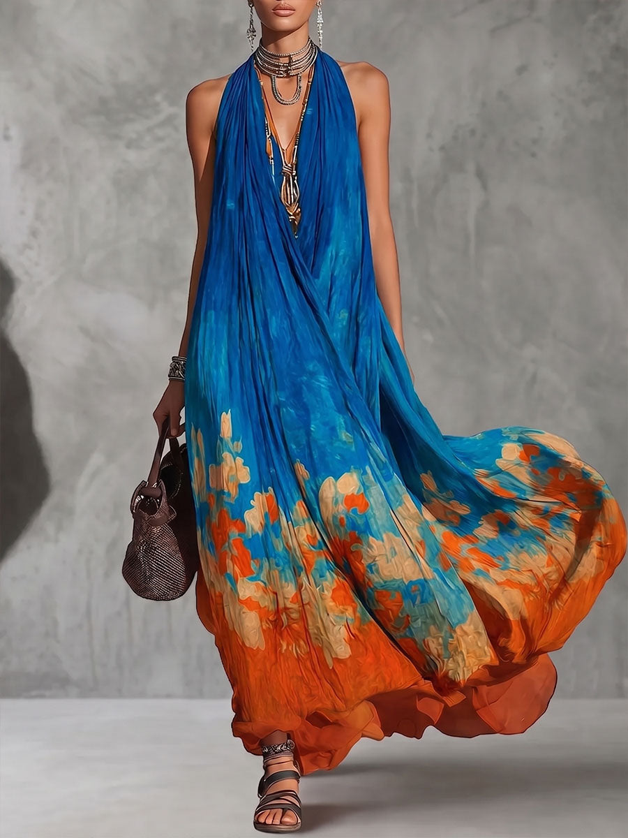 Women's Abstract Oil Painting Print V-neck Sleeveless Casual Loose Cotton-linen Dress