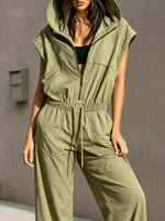 Women's Casual Loose Zip Hooded Sleeveless Pockets Jumpsuit