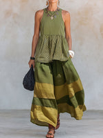 Women's Striped Print Cotton-linen Set: Sleeveless Round-neck Loose-fit Top & High-waisted Wide-leg Pants