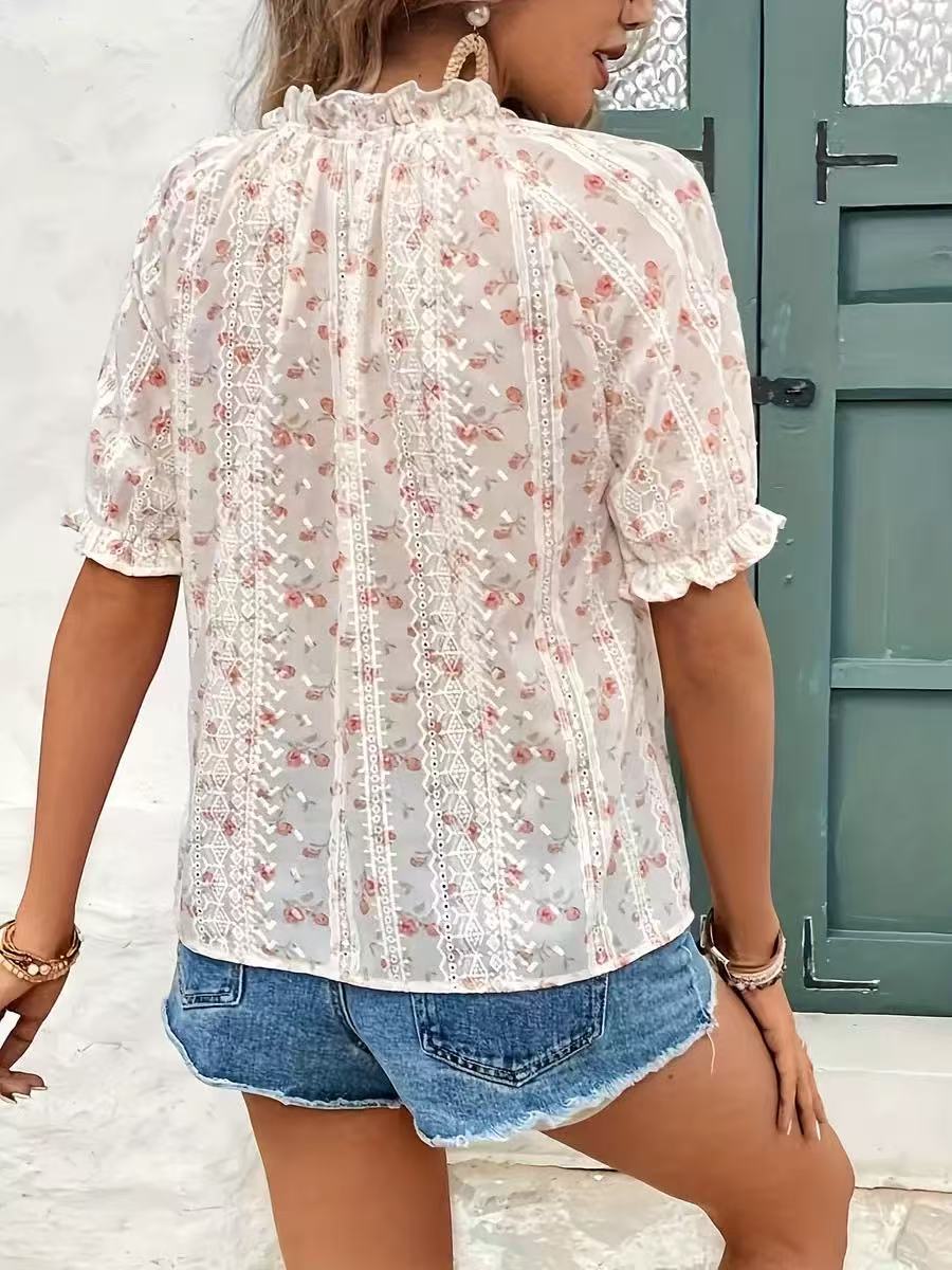 Women's Floral Pattern Art Print Casual Stylish Ruffle Short Sleeve Shirt