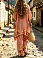 Bohemian V-neck Cotton-linen Vacation Two-piece Set