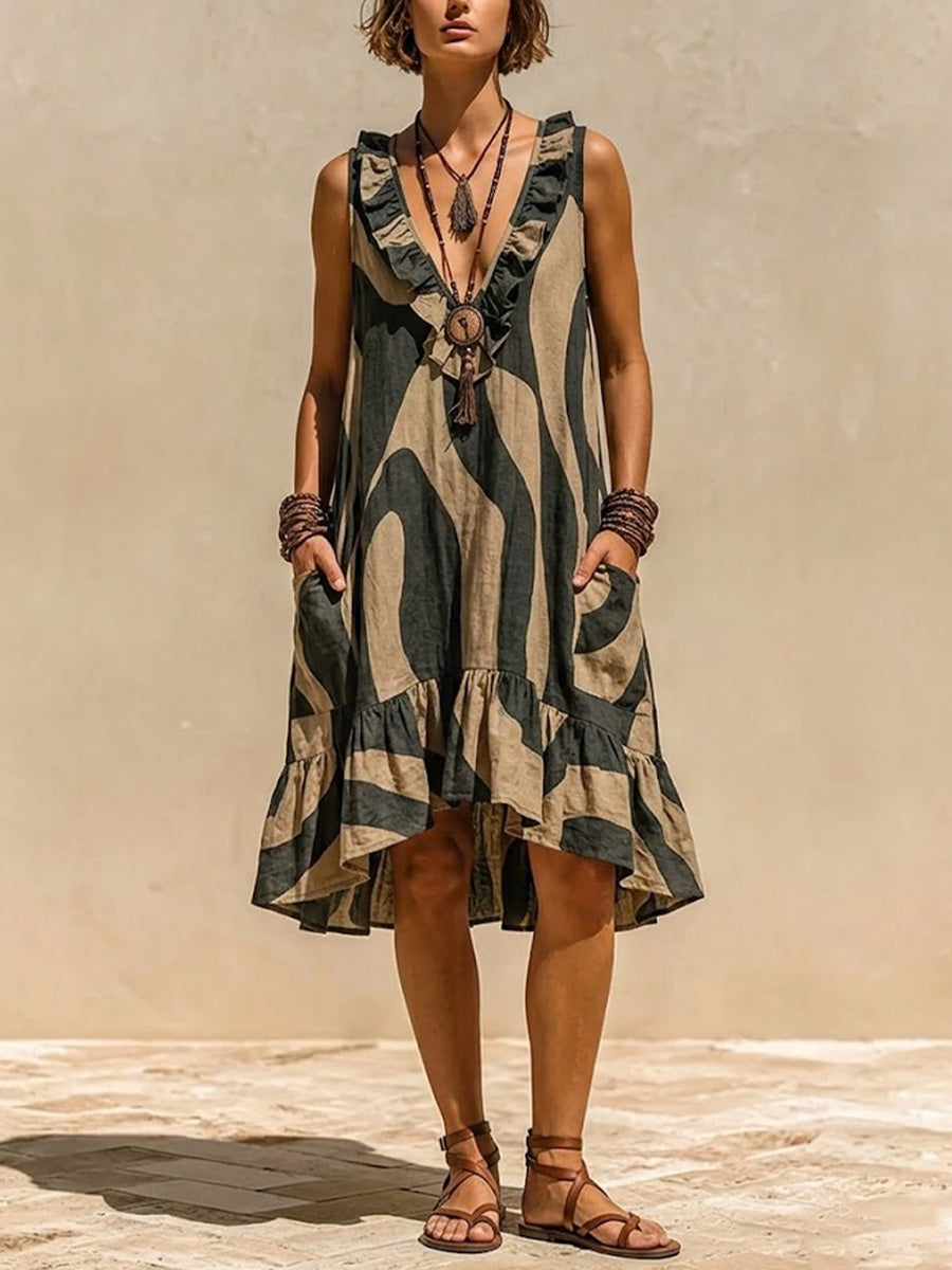 Loose Sleeveless V-neck Dress With Abstract Wave Print And Lettuce-edge Trim