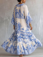 Boho-style Vintage Blue Floral Print Cotton Maxi Dress