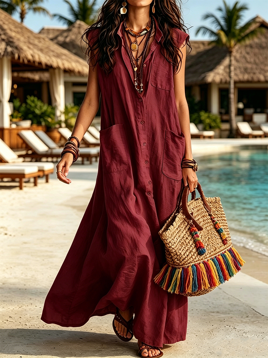 Collared, Sleeveless, Full-button, Loose-fit Long Shirt Dress