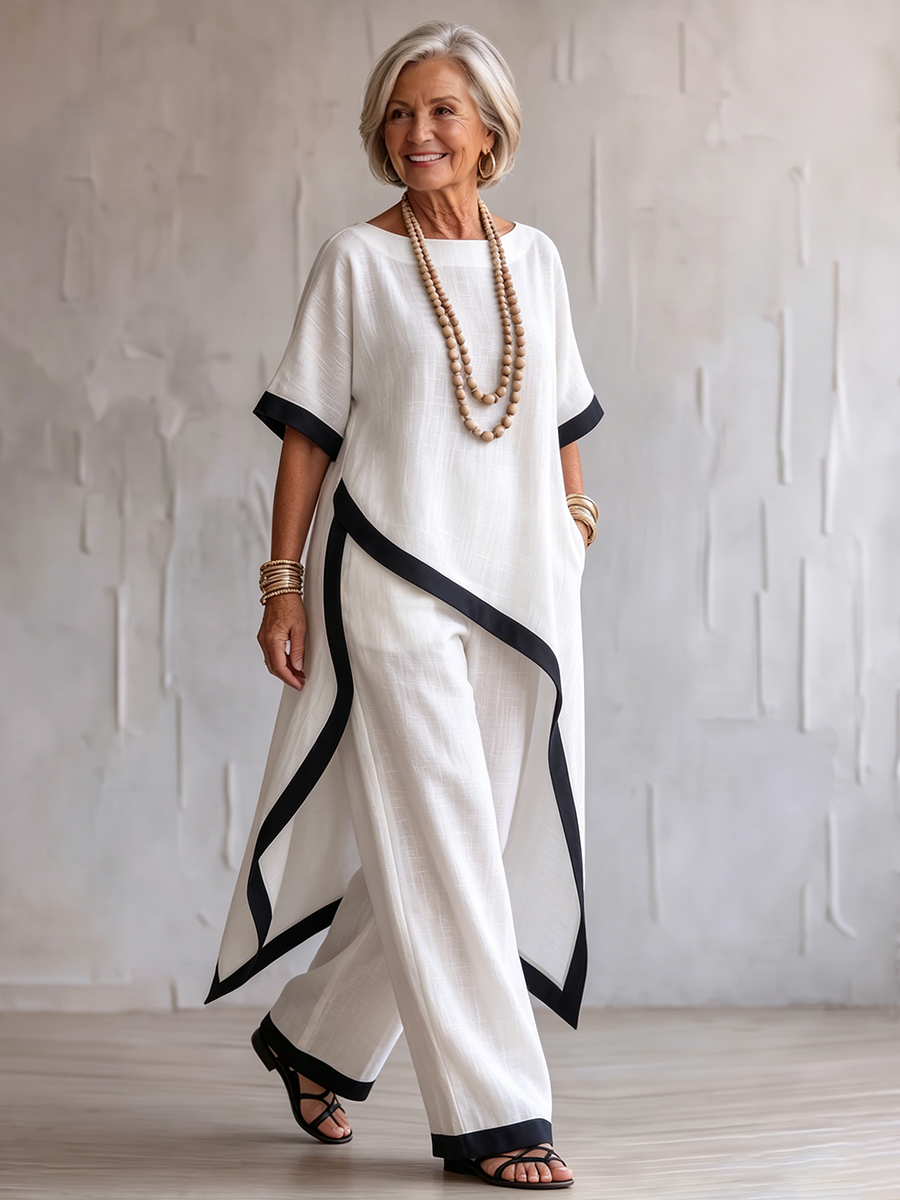 Timeless Elegance – Contrast-trim Cotton-linen Two-piece Set