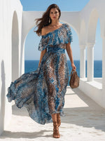 Fashionable Off-shoulder Leopard Print Chiffon Dress