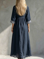 Retro-resort Style Linen Maxi Dress: V-neck, Button-front, High-waisted With Pleats, Featuring Leopard-print Panels On The Collar And Cuffs; Flattering Fit