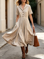 Women's Casual Stylish Lapel Short Sleeve Pockets Linen Midi Dress