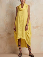Elegant Yellow Cowl Neck Linen Dress