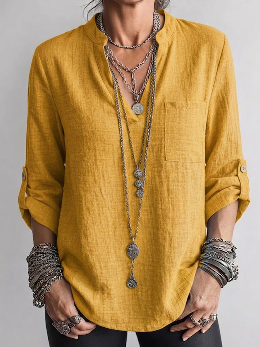 Long-sleeve Linen Top Featuring A Split Mandarin Collar, V-neck, Roll-up Sleeves, And Patch Pockets